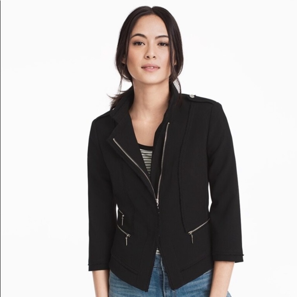 WHBM Asymmetrical Fray Zipper Moto Jacket, Black 8